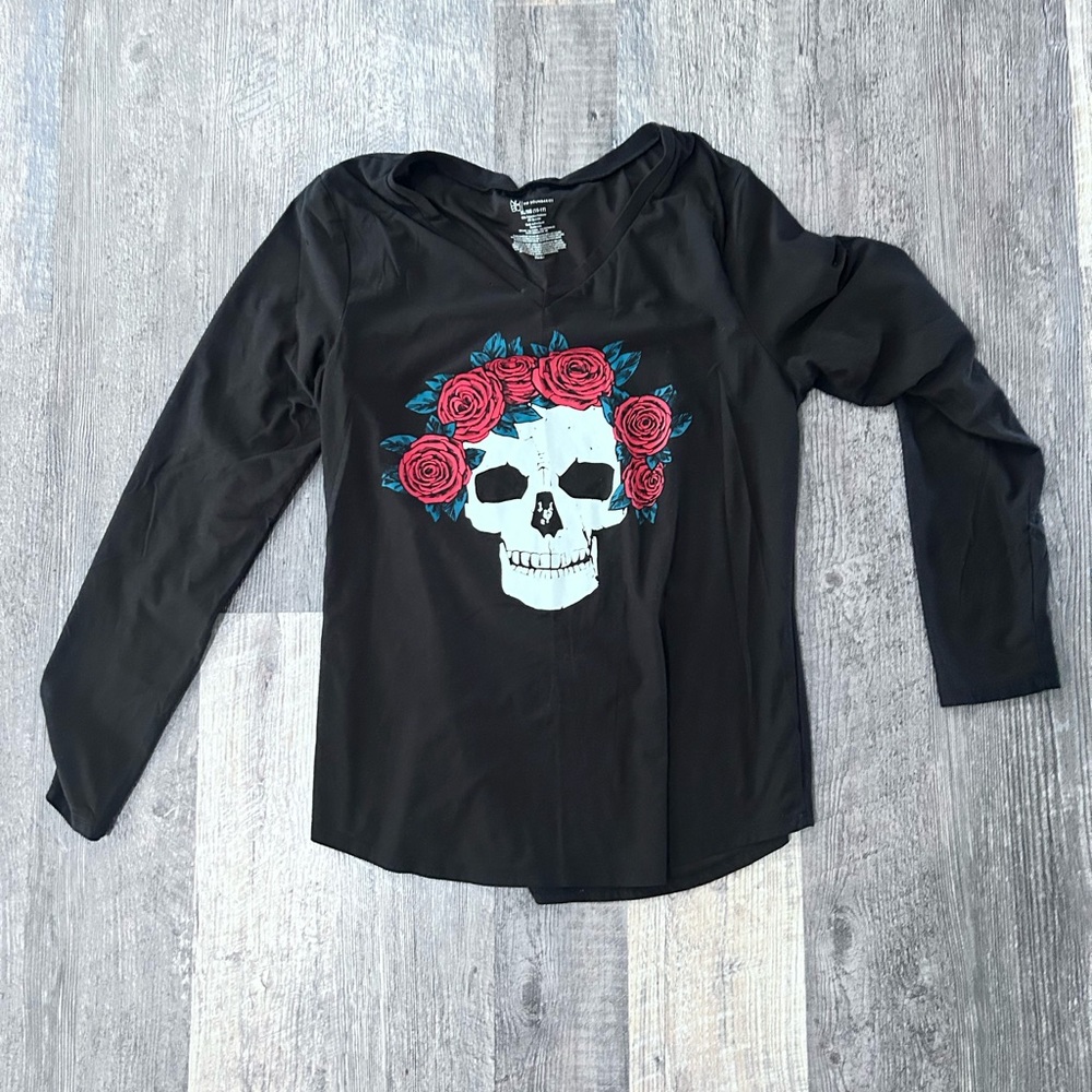 No Boundaries Black Long Sleeve Top with Skull and Floral Design